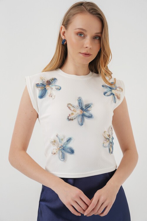 Merterium 930 Kısa Kol Desenli Crop Bluz - Beyaz