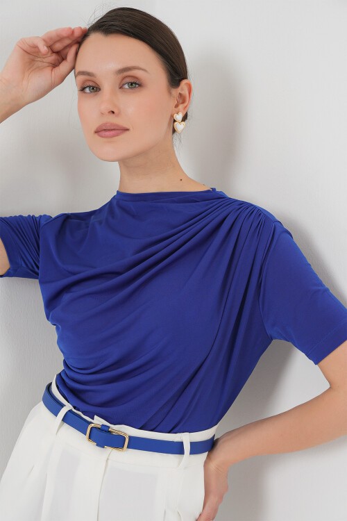 Merterium Büzgü Detaylı Kısa Kol Sandy Bluz 945 - Saks