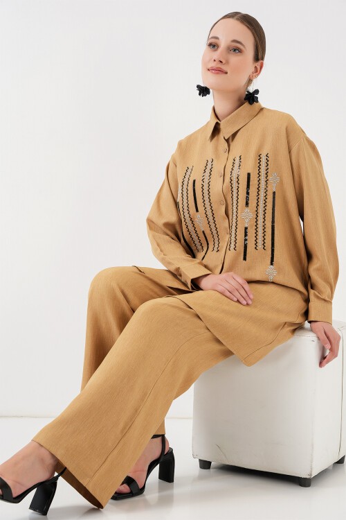 Merterium Desenli Tunik Pantolon İkili Takım 6720 - Bisküvi