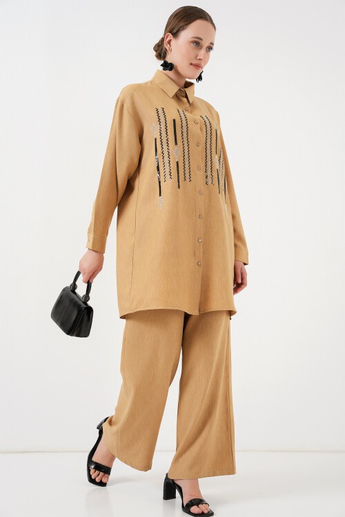 Merterium Desenli Tunik Pantolon İkili Takım 6720 - Bisküvi