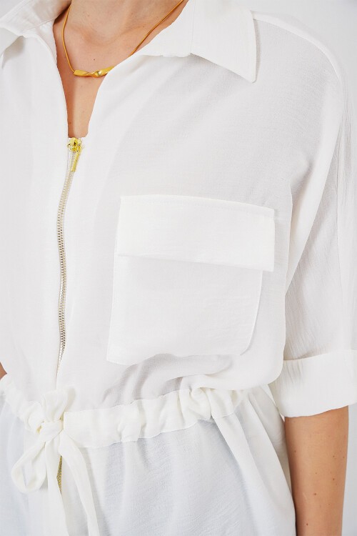 Merterium Fermuarlı Kadın Gömlek 0721 - Beyaz