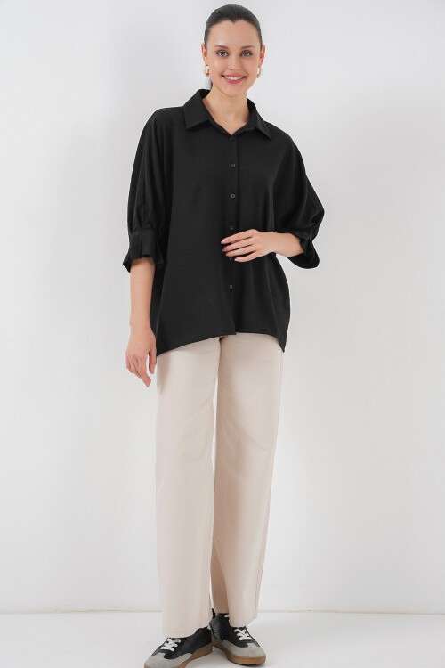 Merterium Kadın Bağlama Detaylı Ayrobin Gömlek 20290 - Siyah