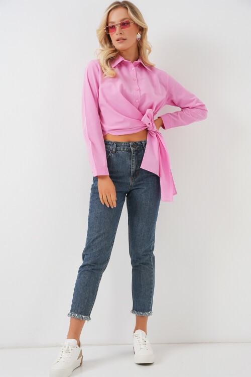 Merterium Kadın Bağlamalı Uzun Kol Gömlek 20325 - Pembe