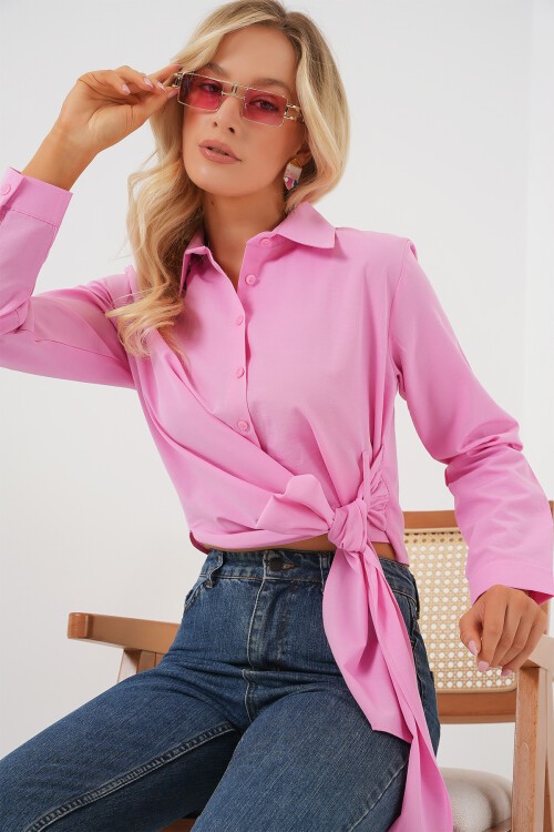 Merterium Kadın Bağlamalı Uzun Kol Gömlek 20325 - Pembe