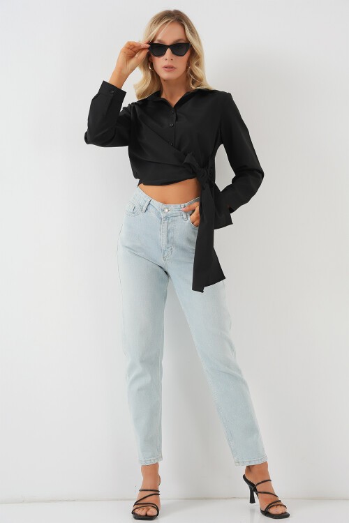 Merterium Kadın Bağlamalı Uzun Kol Gömlek 20325 - Siyah