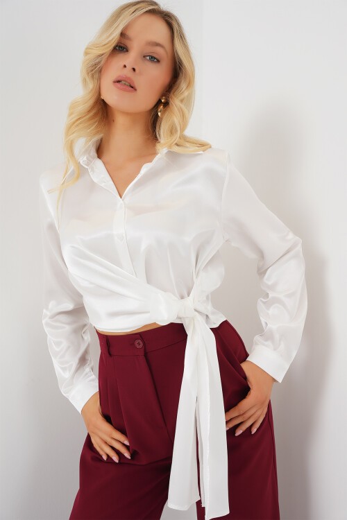 Merterium Kadın Bağlamalı Uzun Kol Saten Gömlek 20287 - Beyaz