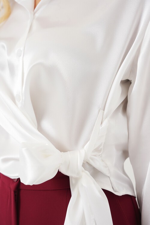 Merterium Kadın Bağlamalı Uzun Kol Saten Gömlek 20287 - Beyaz