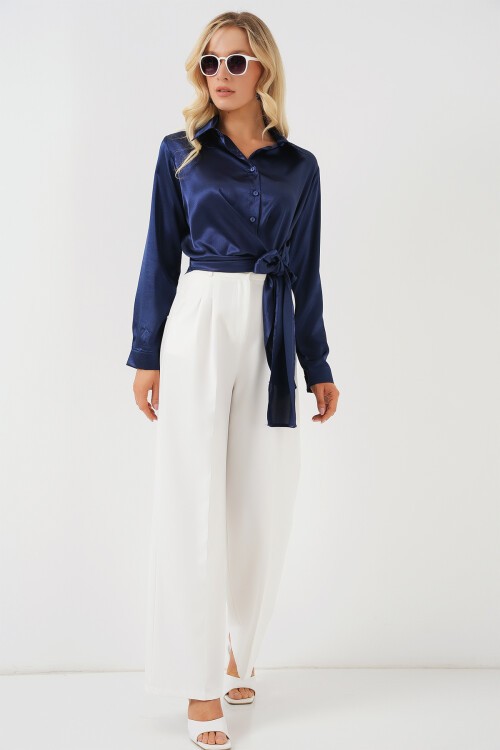 Merterium Kadın Bağlamalı Uzun Kol Saten Gömlek 20287 - Lacivert