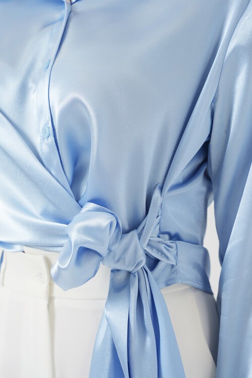 Merterium Kadın Bağlamalı Uzun Kol Saten Gömlek 20287 - Mavi