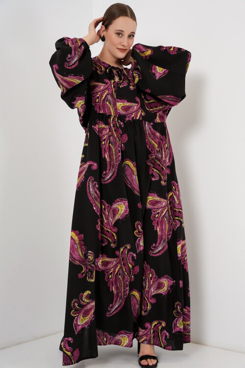 Merterium Kadın Balon Kol Uzun Tesettür Elbise 2464 - Y.Fuşya