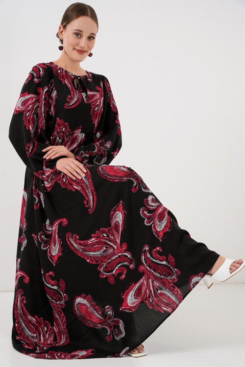 Merterium Kadın Balon Kol Uzun Tesettür Elbise 2464 - Y.Kırmızı