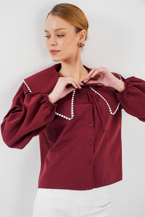 Merterium Kadın Bebe Yaka Gömlek 20314 - Bordo
