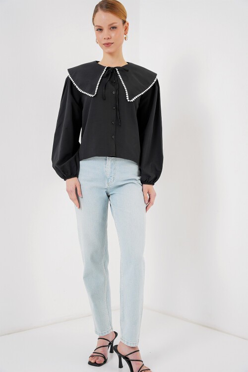 Merterium Kadın Bebe Yaka Gömlek 20314 - Siyah