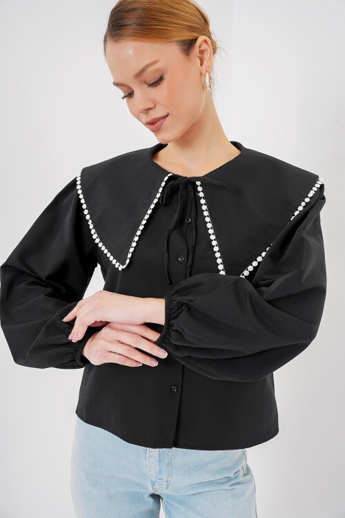 Merterium Kadın Bebe Yaka Gömlek 20314 - Siyah