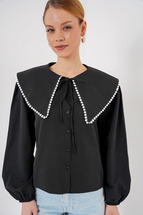 Merterium Kadın Bebe Yaka Gömlek 20314 - Siyah
