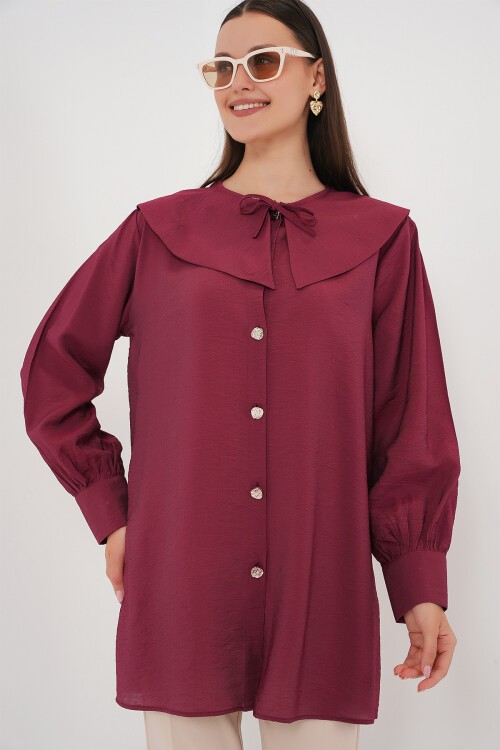 Merterium Kadın Bebe Yaka Uzun Tunik 5967 - Bordo