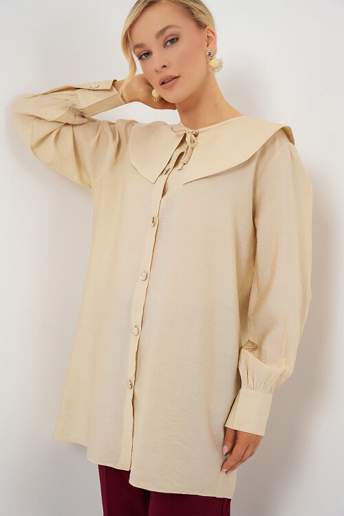 Merterium Kadın Bebe Yaka Uzun Tunik 5967 - Krem