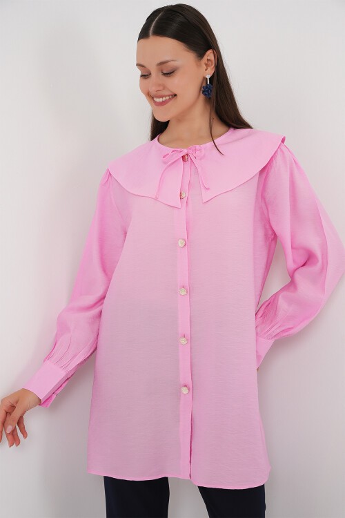 Merterium Kadın Bebe Yaka Uzun Tunik 5967 - Pembe