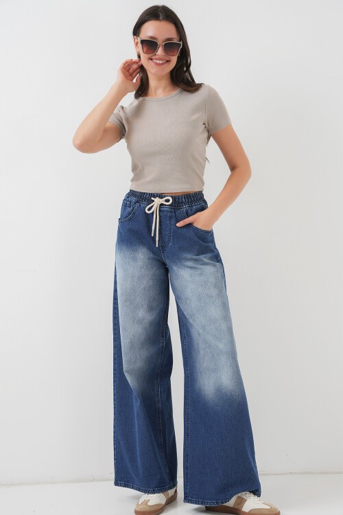 Merterium Kadın Bol Paça Kot Pantolon 6705 - Lacivert