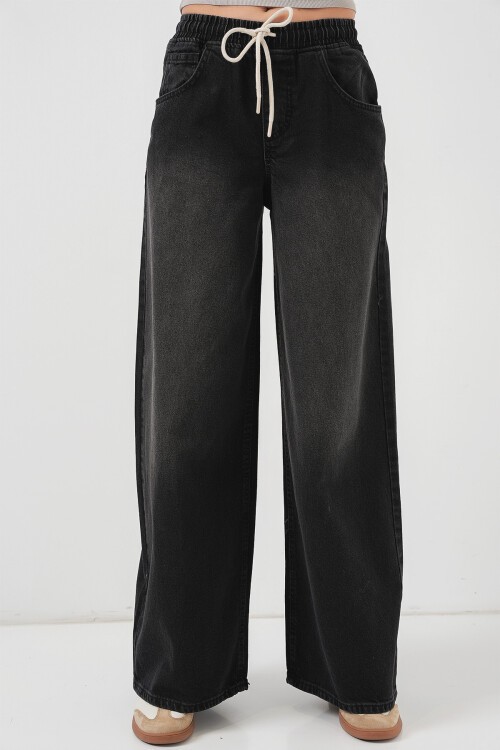 Merterium Kadın Bol Paça Kot Pantolon 6705 - Siyah