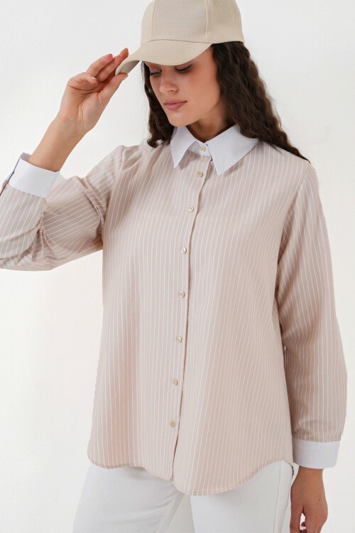 Merterium Kadın Çizgili Gömlek 20288 - Krem