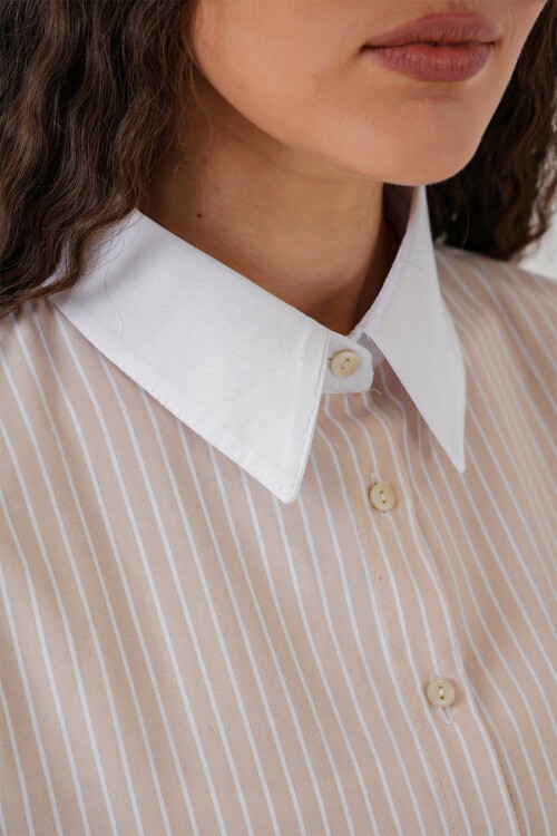 Merterium Kadın Çizgili Gömlek 20288 - Krem