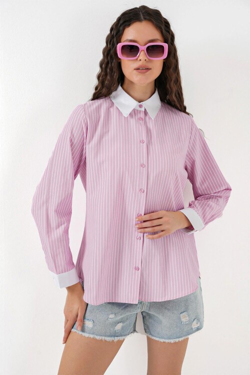Merterium Kadın Çizgili Gömlek 20288 - Pembe