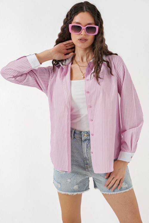 Merterium Kadın Çizgili Gömlek 20288 - Pembe