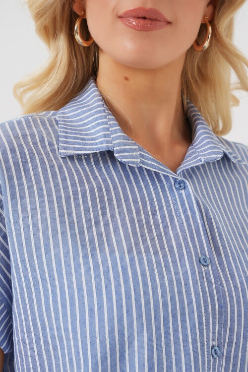 Merterium Kadın Çizgili Kısa Kol Gömlek 20324 - İndigo