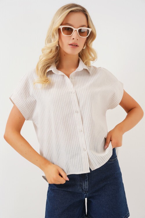 Merterium Kadın Çizgili Kısa Kol Gömlek 20324 - Krem