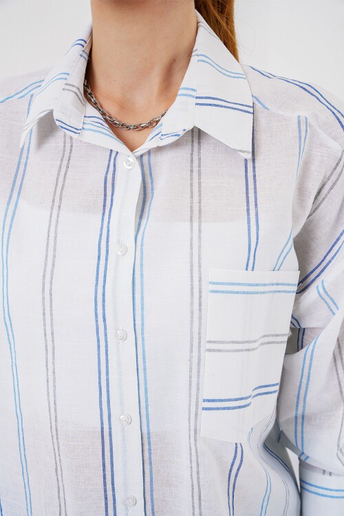 Merterium Kadın Çizgili Oversize Gömlek 20278 - Beyaz