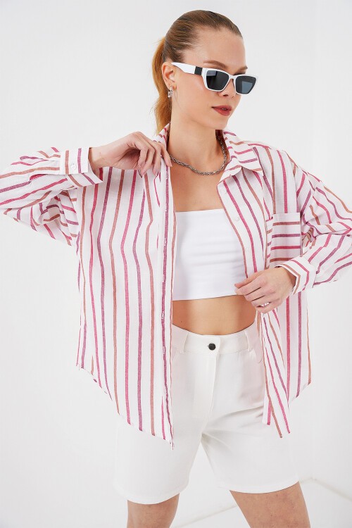 Merterium Kadın Çizgili Oversize Gömlek 20278 - Kırmızı