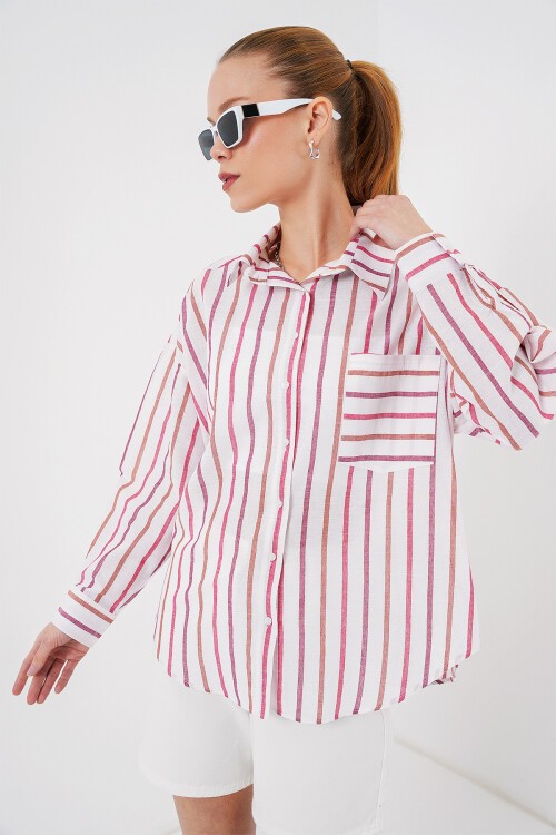 Merterium Kadın Çizgili Oversize Gömlek 20278 - Kırmızı