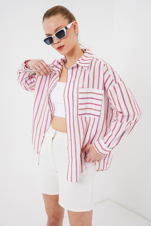 Merterium Kadın Çizgili Oversize Gömlek 20278 - Kırmızı