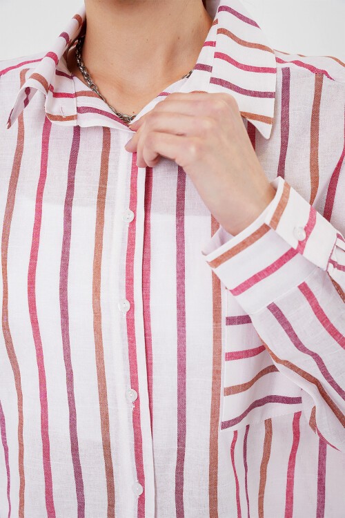 Merterium Kadın Çizgili Oversize Gömlek 20278 - Kırmızı