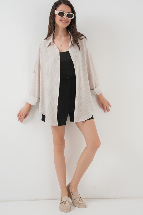 Merterium Kadın Çizgili Oversize Gömlek 20295 - Krem