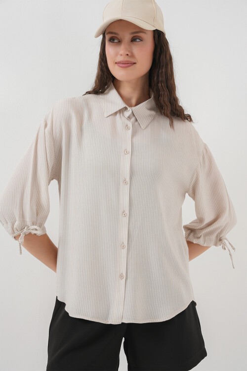 Merterium Kadın Çizgili Oversize Kısa Kol Gömlek 20296 - Krem
