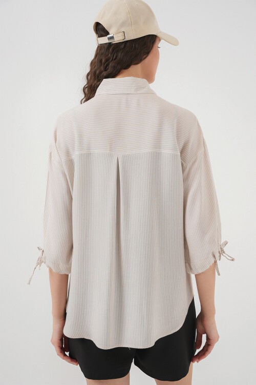 Merterium Kadın Çizgili Oversize Kısa Kol Gömlek 20296 - Krem