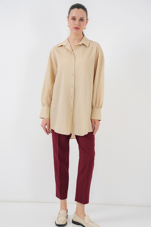 Merterium Kadın Çizgili Uzun Gömlek Tunik 5963 - Bej