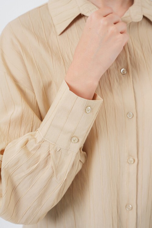 Merterium Kadın Çizgili Uzun Gömlek Tunik 5963 - Bej