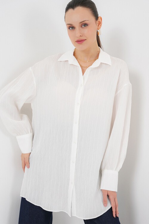 Merterium Kadın Çizgili Uzun Gömlek Tunik 5963 - Beyaz