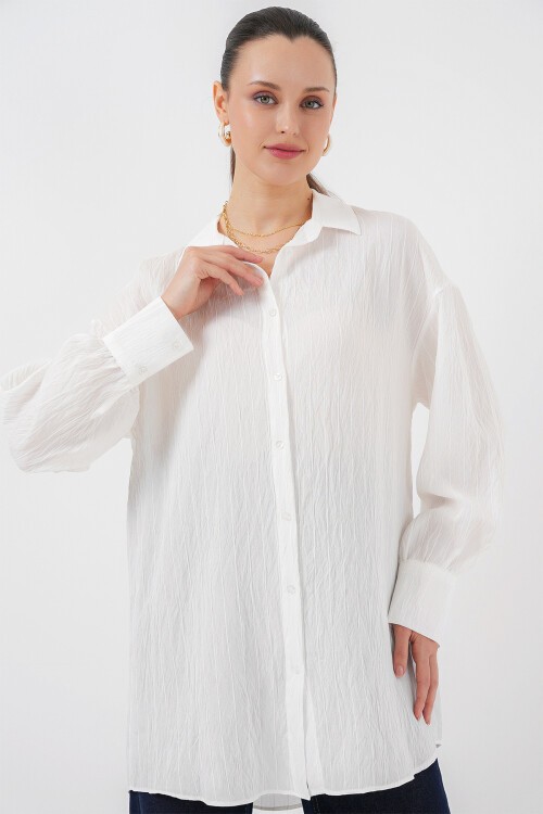 Merterium Kadın Çizgili Uzun Gömlek Tunik 5963 - Beyaz