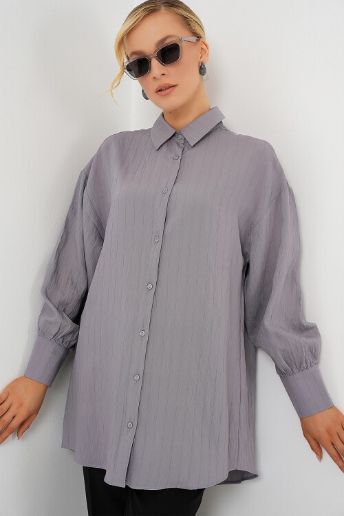 Merterium Kadın Çizgili Uzun Gömlek Tunik 5963 - Gri