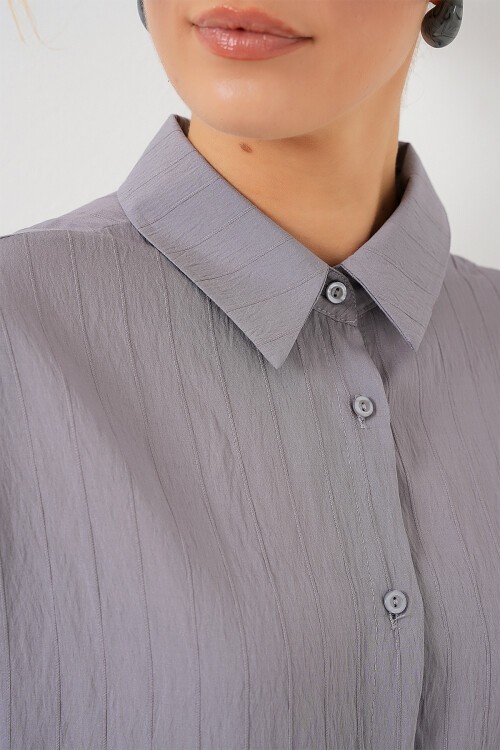 Merterium Kadın Çizgili Uzun Gömlek Tunik 5963 - Gri