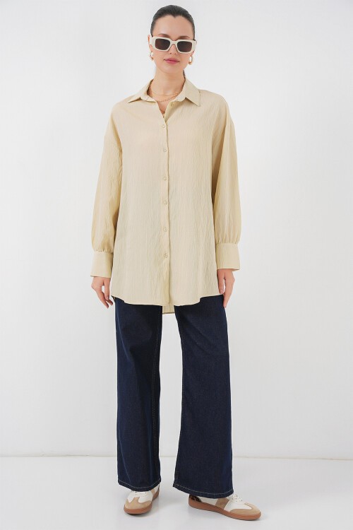 Merterium Kadın Çizgili Uzun Gömlek Tunik 5963 - Krem