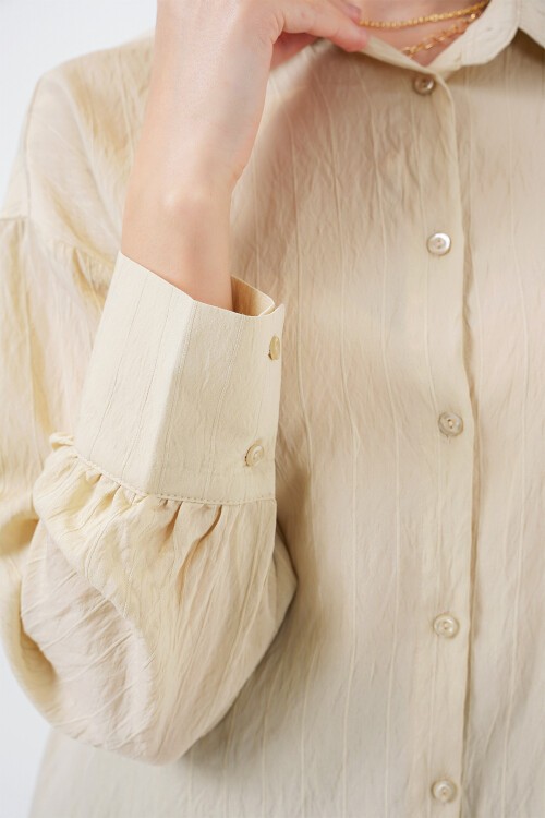 Merterium Kadın Çizgili Uzun Gömlek Tunik 5963 - Krem