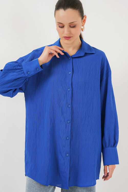 Merterium Kadın Çizgili Uzun Gömlek Tunik 5963 - Saks