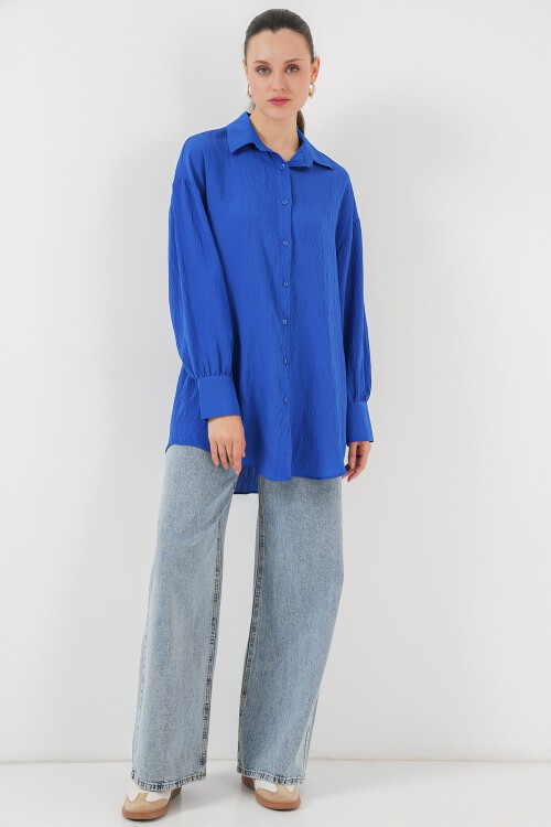 Merterium Kadın Çizgili Uzun Gömlek Tunik 5963 - Saks