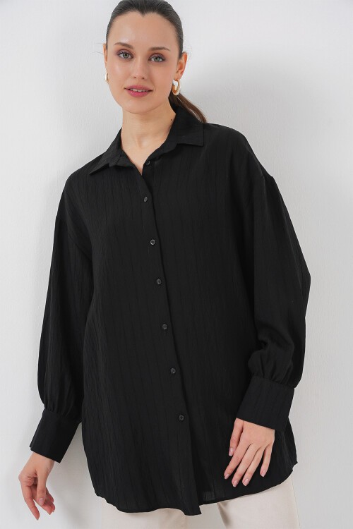 Merterium Kadın Çizgili Uzun Gömlek Tunik 5963 - Siyah
