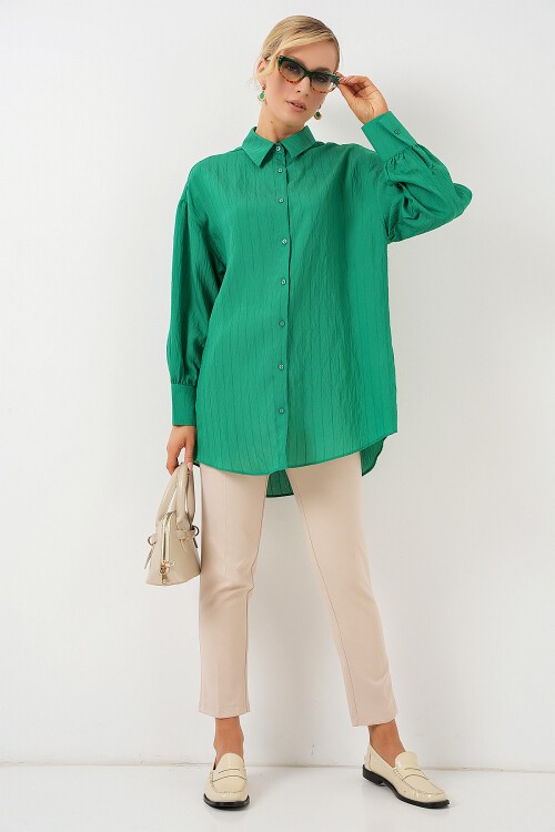 Merterium Kadın Çizgili Uzun Gömlek Tunik 5963 - Yeşil